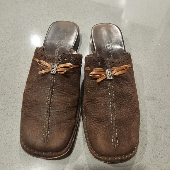 Brighton Shoes - Brighton Napa Brown Suede and Leather Slip-On Mules Size 7.5